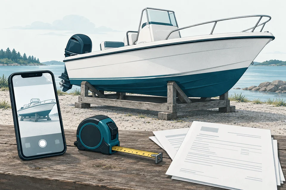 Illustration of a boat with photographs, a tape measure and plain documents